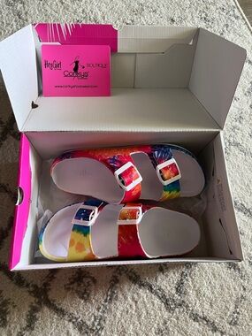 Corkys women’s size 7 Tie-Dye Double Strap Sandals in Rainbow. Like new in box